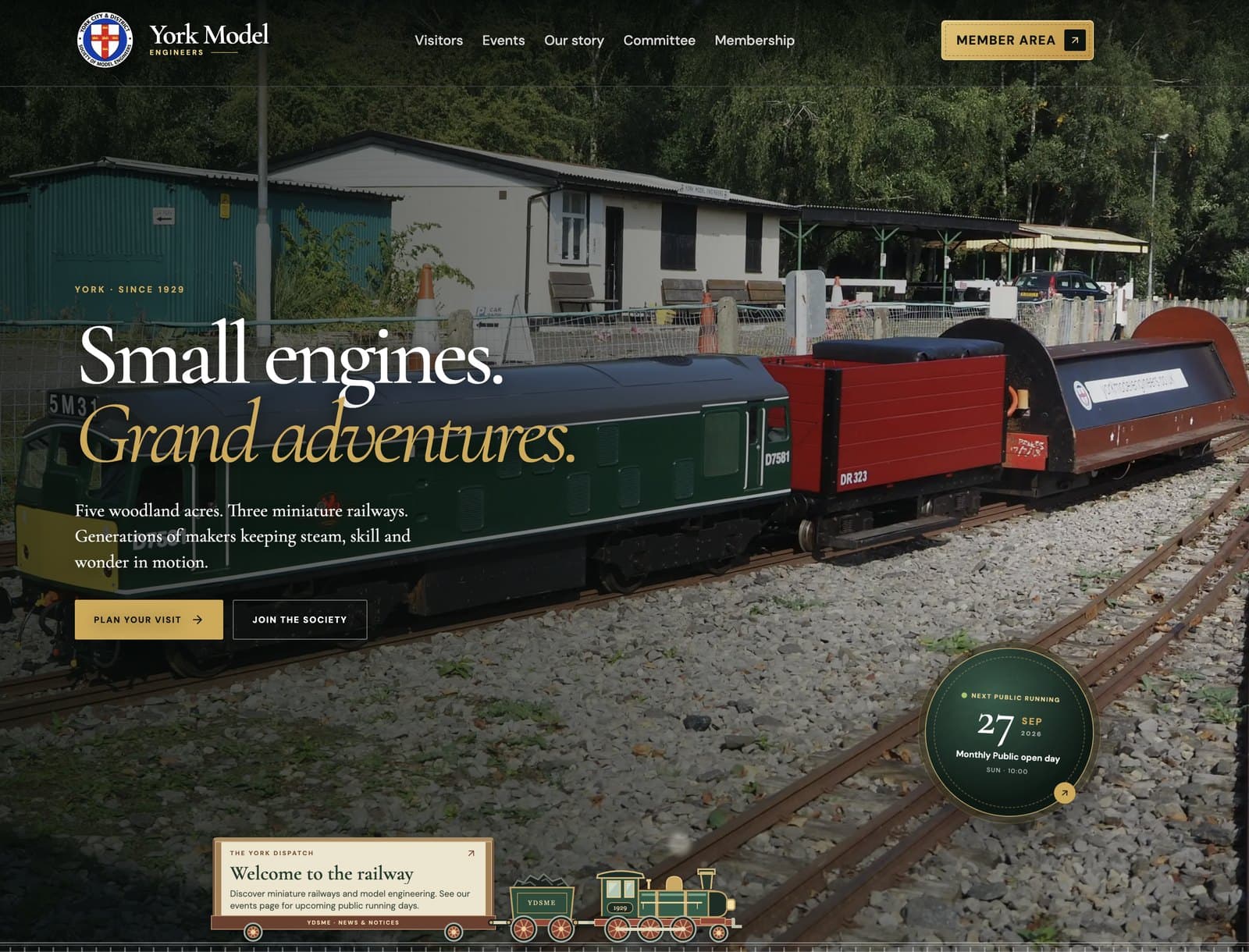 York Model Engineers homepage with a miniature diesel locomotive and the headline Small engines. Grand adventures.